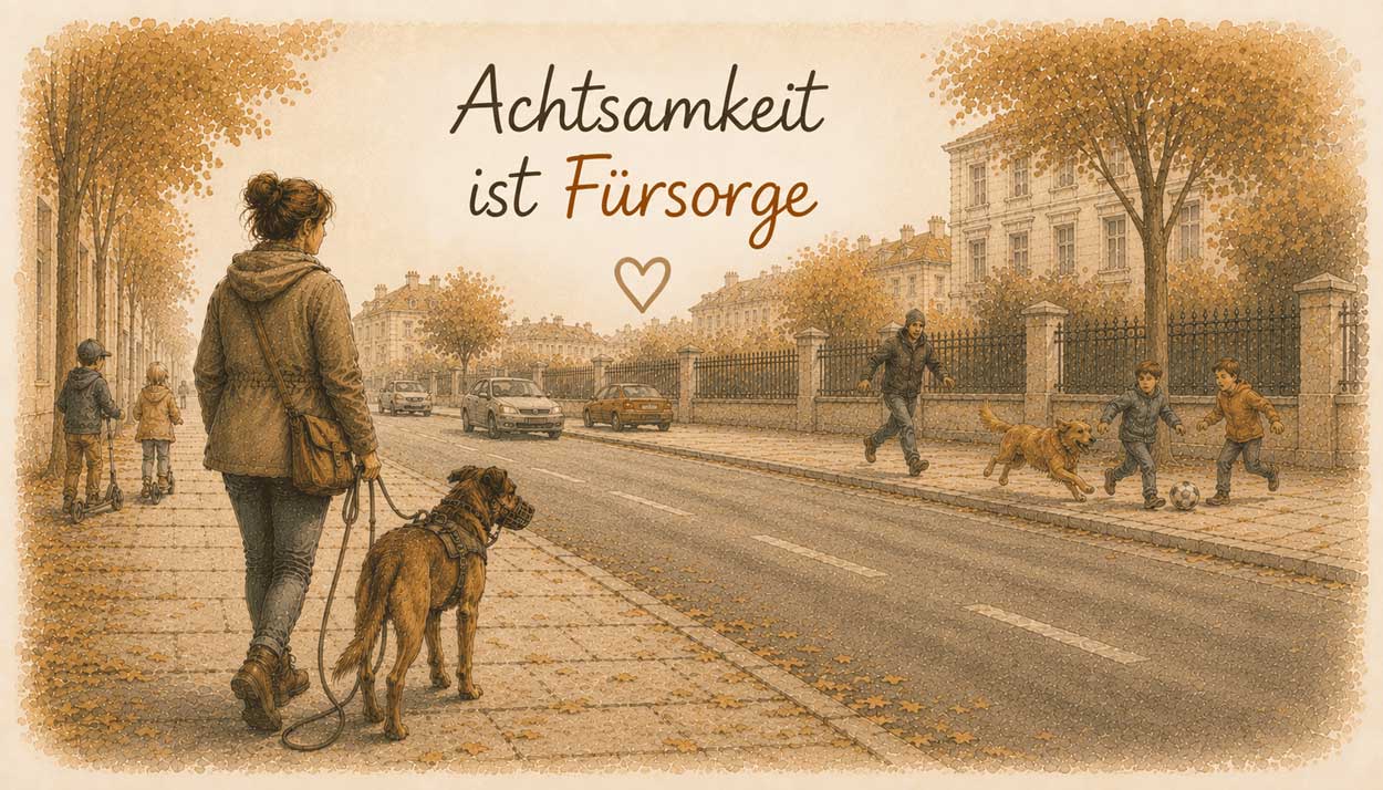 Frau mit angeleintem Hund auf belebter Straße – Achtsamkeit und vorausschauendes Management
