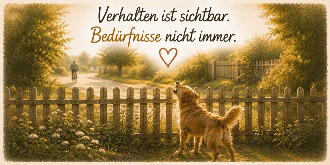 Hund blickt sehnsüchtig über einen Gartenzaun einem Radfahrer nach – Sinnbild dafür, beim Hund Bedürfnisse zu erkennen statt nur sein Verhalten zu bewerten