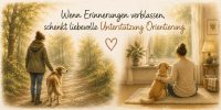 Illustration einer Bezugsperson, die sich liebevoll um ihren Hund kümmert – einmal beim gemeinsamen Spaziergang im Wald, einmal zuhause im Wohnzimmer am Fenster; Text im Bild: "Wenn Erinnerungen verblassen, schenkt liebevolle Unterstützung Orientierung."