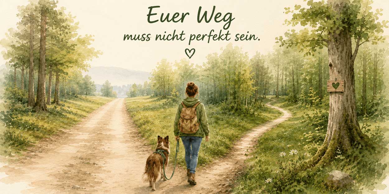 Frau mit Hund auf Waldweg – euer Weg muss nicht perfekt sein