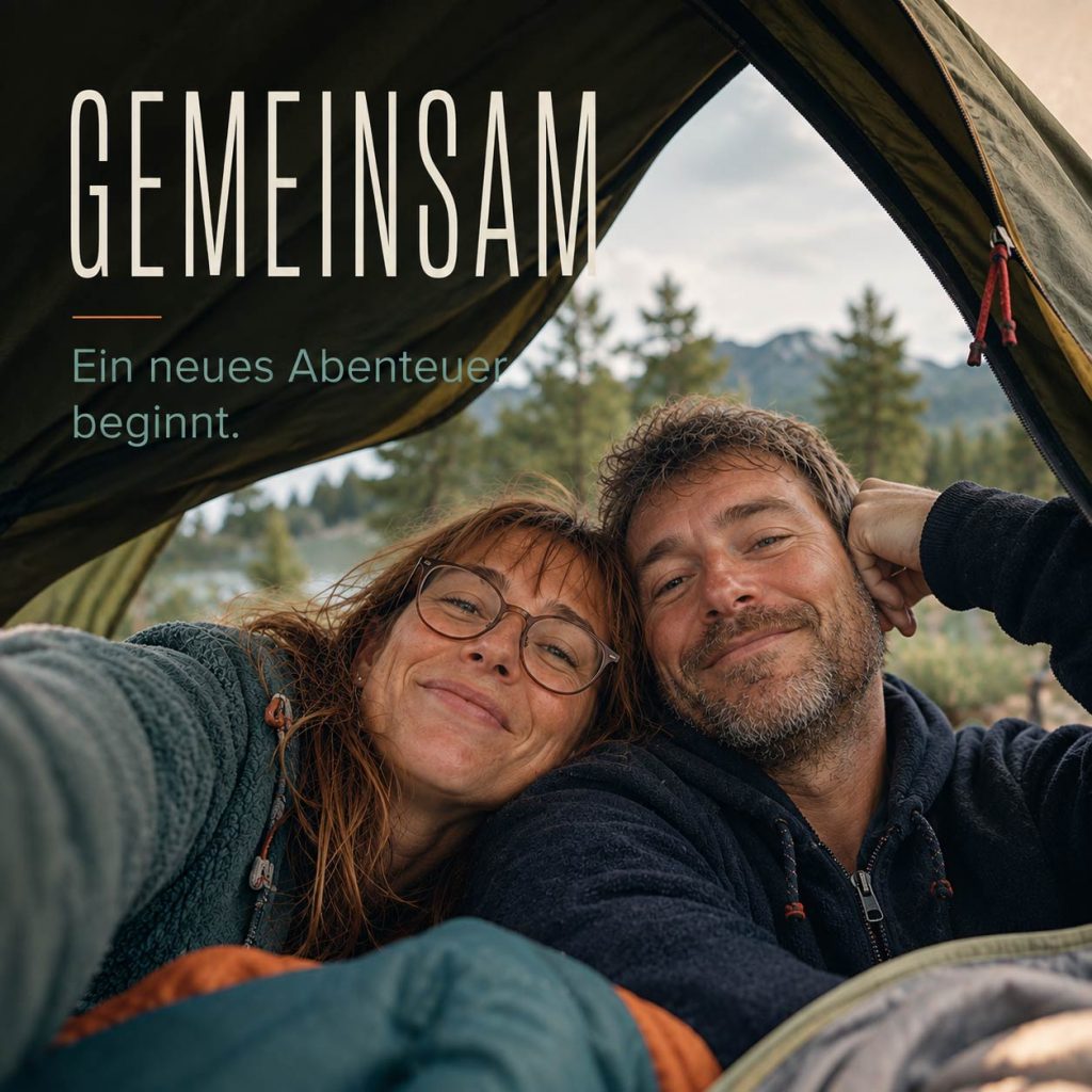 Vorderseite der quadratischen Hochzeitseinladung „GEMEINSAM“ Vorderseite der quadratischen Hochzeitseinladung „GEMEINSAM“ im Format 21 × 21 cm mit natürlichem Handyfoto eines Paares im Zelt und der Unterzeile „Ein neues Abenteuer beginnt.“