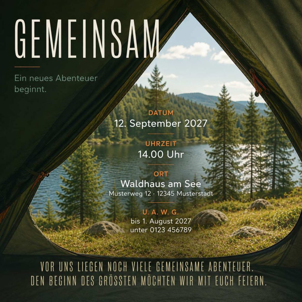 Rückseite der quadratischen Hochzeitseinladung „GEMEINSAM“ Rückseite der quadratischen Hochzeitseinladung „GEMEINSAM“ im Format 21 × 21 cm mit leerem Zeltmotiv sowie Angaben zu Datum, Uhrzeit, Ort und Rückmeldung.