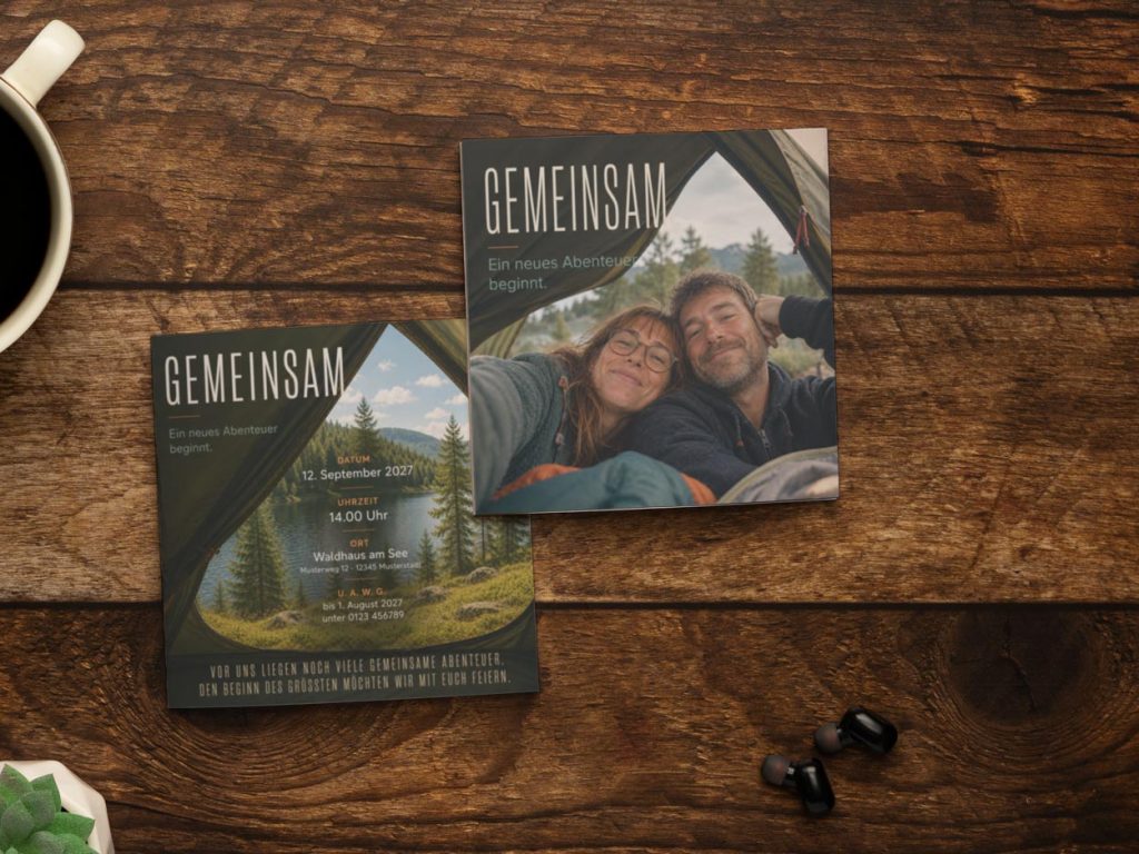 Quadratische Hochzeitseinladung „GEMEINSAM“ Quadratische Hochzeitseinladung im Format 21 × 21 cm mit natürlichem Handyfoto eines Paares im Zelt und dem Titel „GEMEINSAM – Ein neues Abenteuer beginnt.“