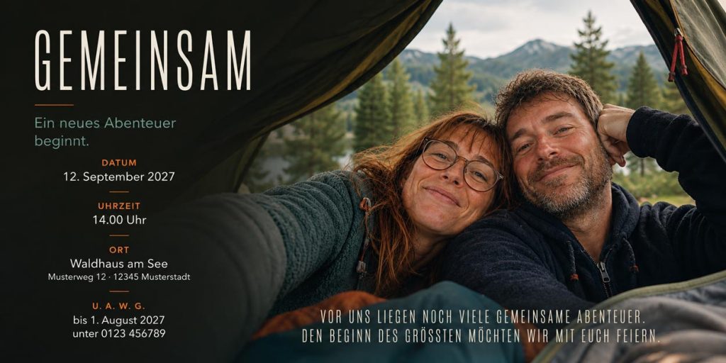 Vorderseite der DIN-lang-Hochzeitseinladung „GEMEINSAM“ Vorderseite der DIN-lang-Hochzeitseinladung „GEMEINSAM“ mit natürlichem Handyfoto eines Paares im Zelt und der Unterzeile „Ein neues Abenteuer beginnt.“