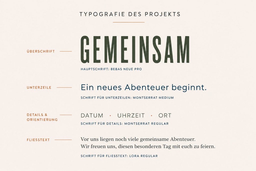 Typografie des Hochzeitsprojekts „GEMEINSAM“ Typografiekonzept für das Hochzeitsprojekt „GEMEINSAM“ mit markanter Sans-Serif-Schrift für Überschriften, moderner Sans-Serif für Unterzeilen und Details sowie Serifenschrift für Fließtexte.