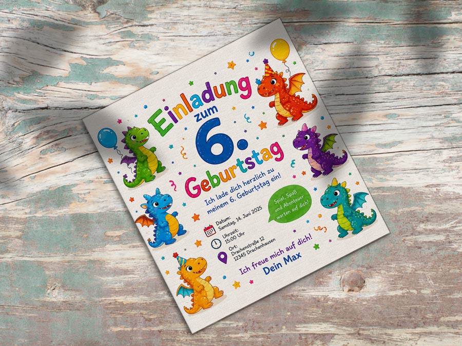 Detailansicht der Vorderseite einer farbenfrohen Einladungskarte zum sechsten Kindergeburtstag mit Drachen, Luftballons, Konfetti sowie Angaben zu Datum, Uhrzeit und Ort.