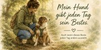 Frau kniet neben Hund auf Waldweg - mein Hund gibt jeden Tag sein Bestes