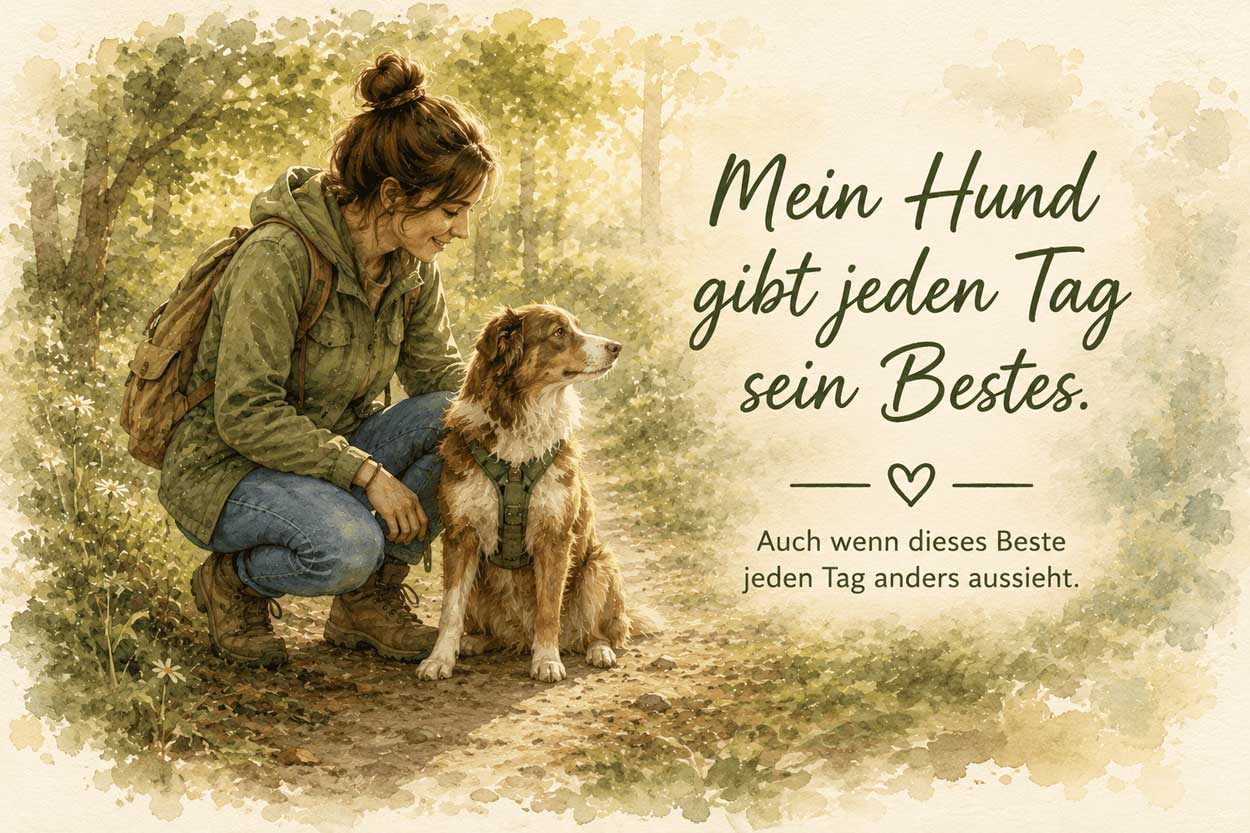 Frau kniet neben Hund auf Waldweg - mein Hund gibt jeden Tag sein Bestes