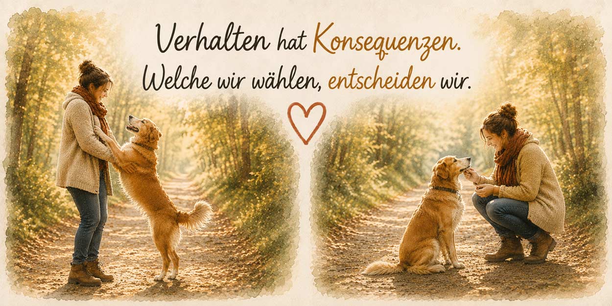 Geteilte Aquarellillustration mit einer Frau und ihrem Hund: links springt der Hund freudig an ihr hoch, rechts sitzt er ruhig vor ihr und wird belohnt. Text im Bild: „Verhalten hat Konsequenzen. Welche wir wählen, entscheiden wir.“