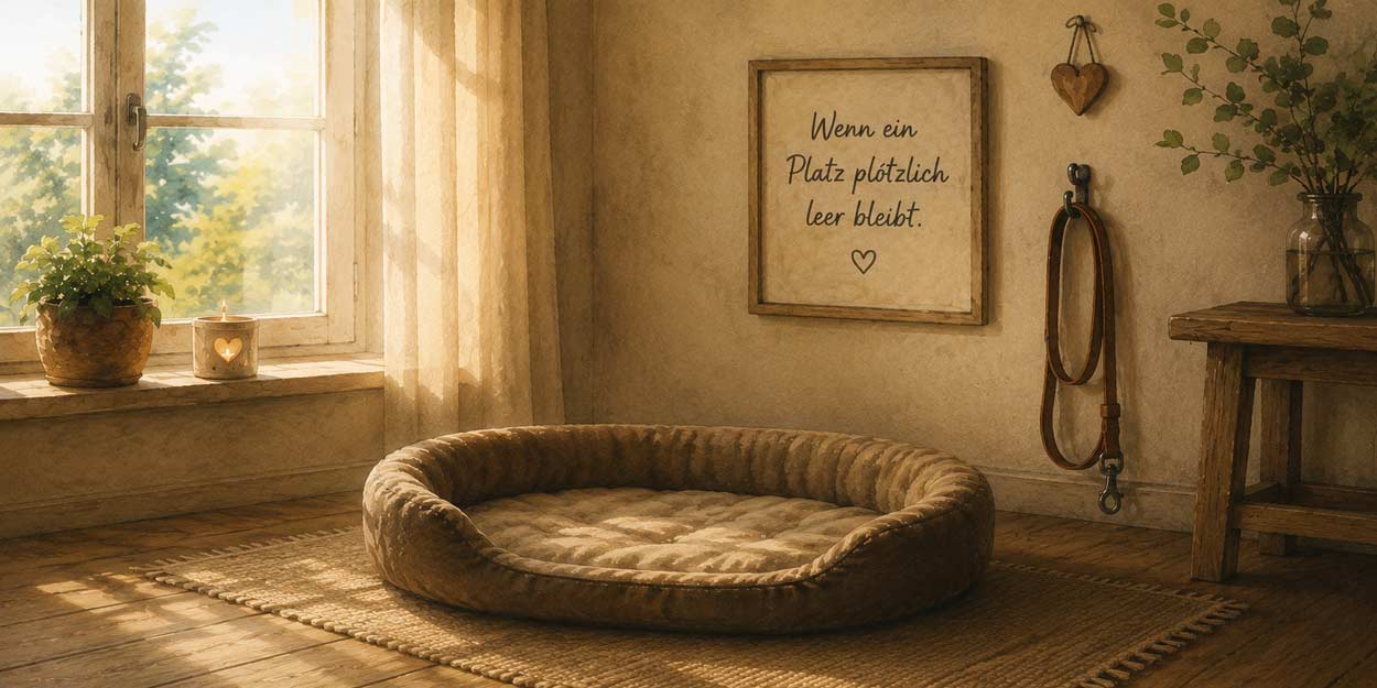 Leeres Hundekörbchen in einem warmen, ruhig beleuchteten Wohnraum. Daneben hängen Leine und Herzanhänger, an der Wand steht der Satz „Wenn ein Platz plötzlich leer bleib