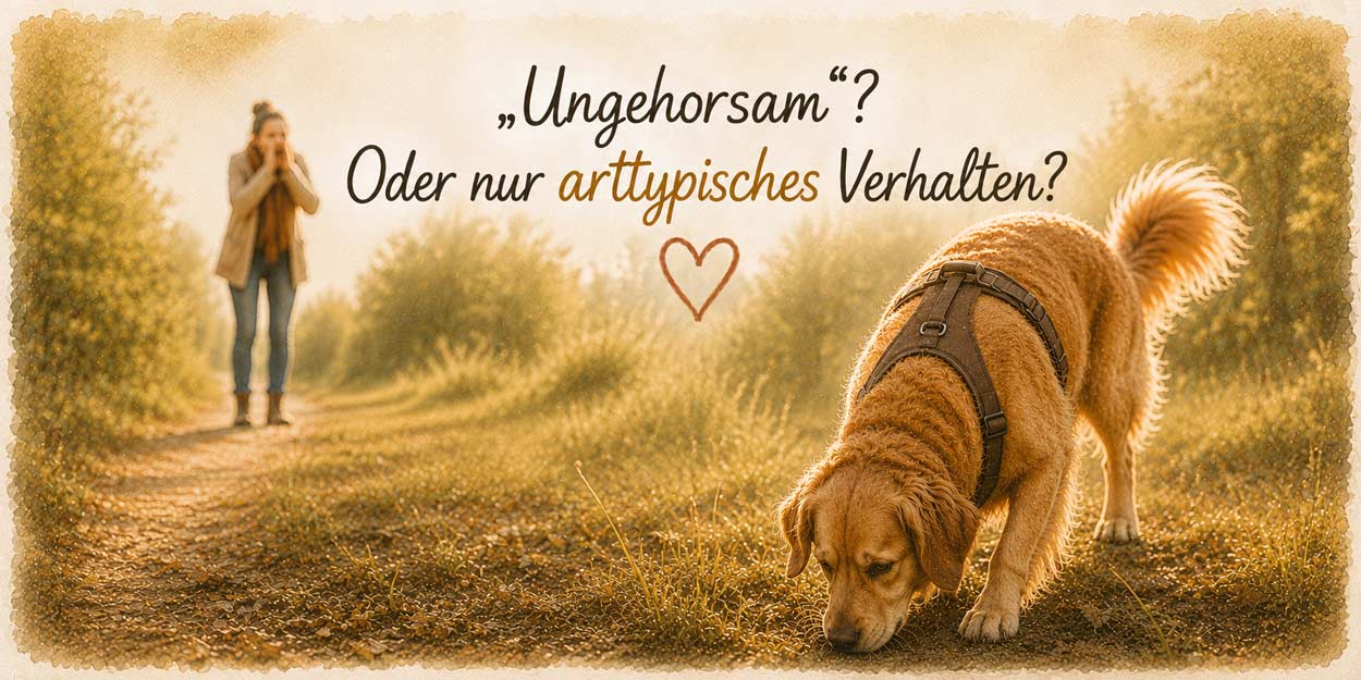 Bezugsperson ruft ihren Hund auf einem Feldweg, der Hund schnüffelt weiter am Boden. Bildtext: „Ungehorsam? Oder nur arttypisches Verhalten?"