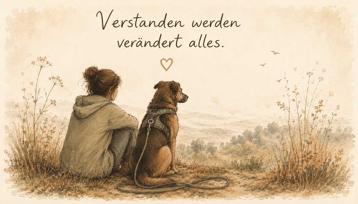 Frau sitzt mit ihrem Hund in der Natur – Verstanden werden verändert alles
