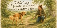 Hund und Bezugsperson trainieren ruhig auf einer grünen Wiese. Der Hund steht an einem Trainingsziel und schaut zur freundlich knienden Frau. Darüber steht: „Fehler“ sind Informationen darüber, was wir ändern sollten.