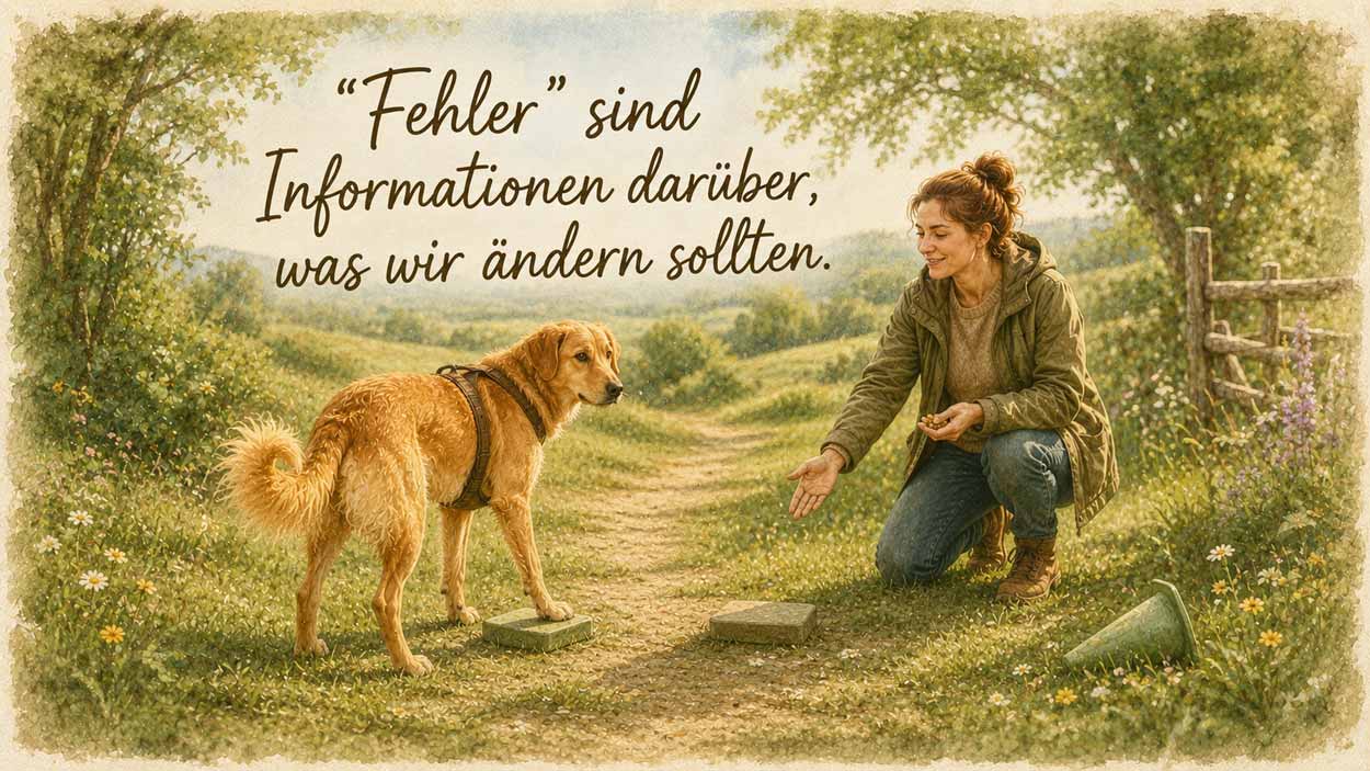 Hund und Bezugsperson trainieren ruhig auf einer grünen Wiese. Der Hund steht an einem Trainingsziel und schaut zur freundlich knienden Frau. Darüber steht: „Fehler“ sind Informationen darüber, was wir ändern sollten.