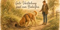 Hund schnüffelt konzentriert an einem Mäuseloch, während seine Bezugsperson ihm einen Hundekeks anbietet, den er in diesem Moment nicht möchte.