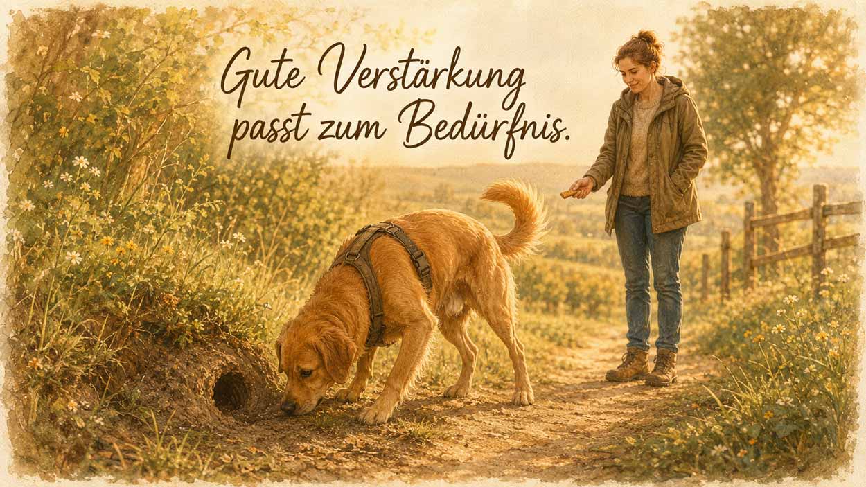 Hund schnüffelt konzentriert an einem Mäuseloch, während seine Bezugsperson ihm einen Hundekeks anbietet, den er in diesem Moment nicht möchte.