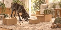 Hund schnüffelt an einer therapeutischen Futtersuche mit mehreren Pappkartons und offen verteilten Futterstücken auf dem Teppich