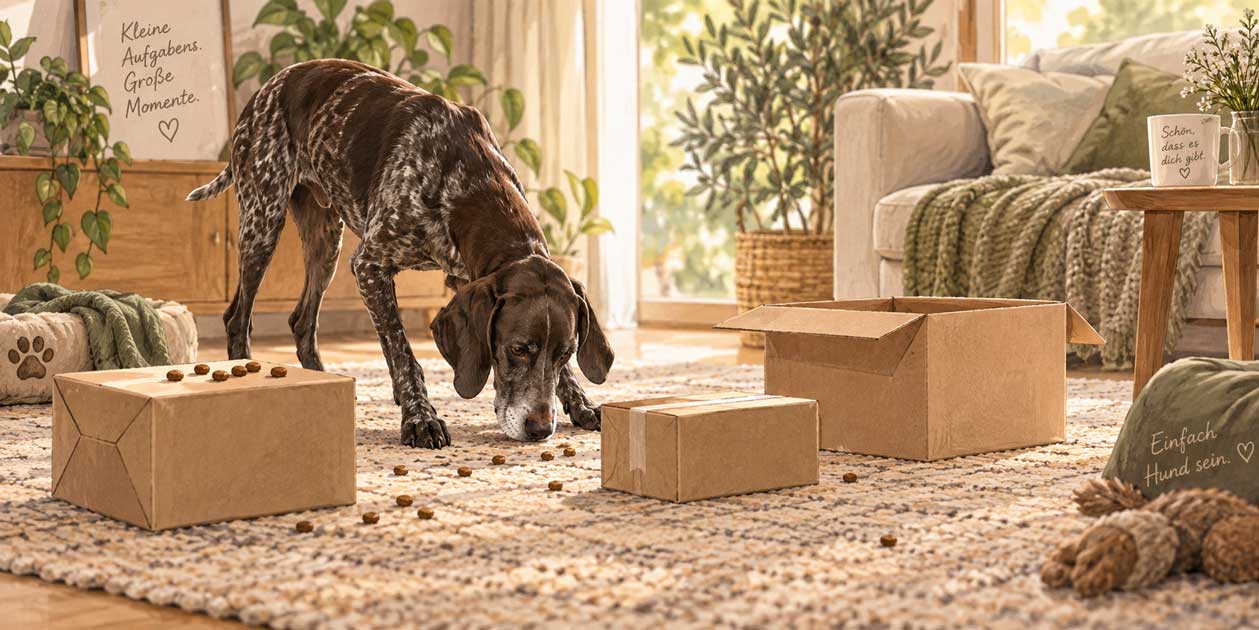 Hund schnüffelt an einer therapeutischen Futtersuche mit mehreren Pappkartons und offen verteilten Futterstücken auf dem Teppich