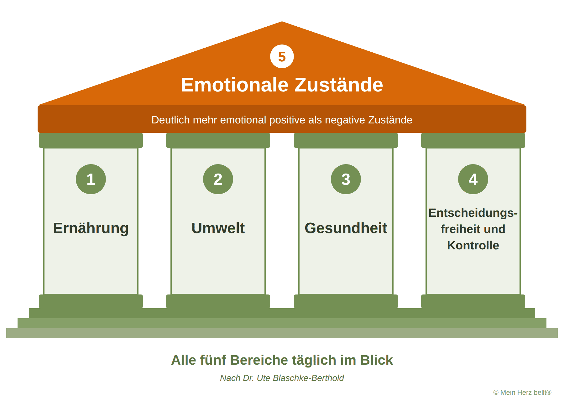 Der Tempel der fünf Säulen: vier Säulen (Ernährung, Umwelt, Gesundheit, Entscheidungsfreiheit und Kontrolle) tragen das Dach „Emotionale Zustände“
