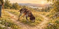 Hund schnüffelt auf dem Spaziergang konzentriert an einem Grashalm