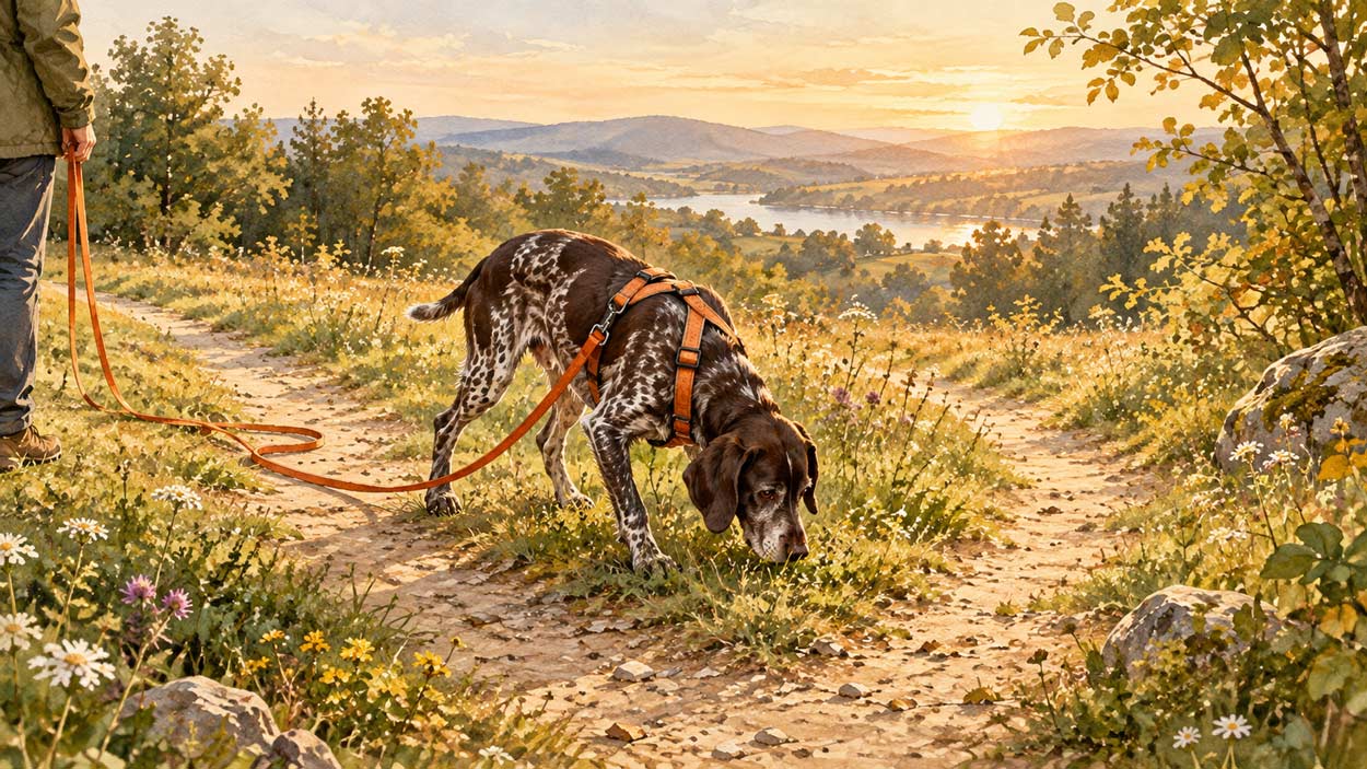 Hund schnüffelt auf dem Spaziergang konzentriert an einem Grashalm
